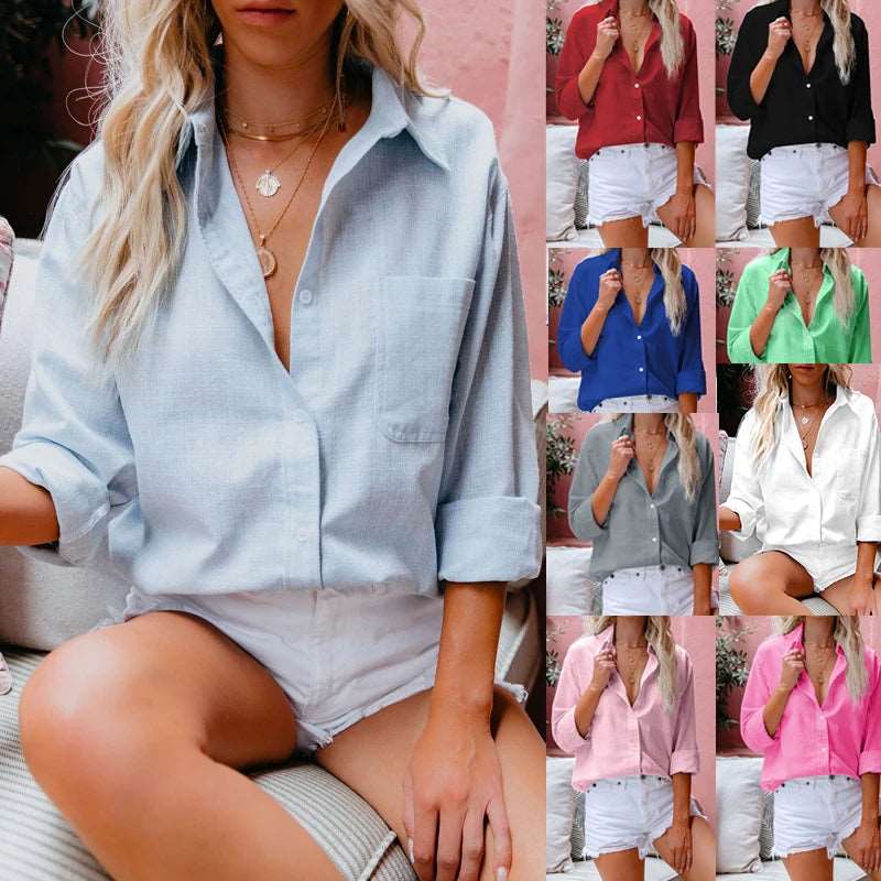 Women's Oversized Linen Shirt with Collar and Long Sleeves 7