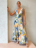 Women's Patchwork V-Neck Maxi Dress with Long Sleeves 1