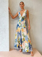 Women's Patchwork V-Neck Maxi Dress with Long Sleeves 1