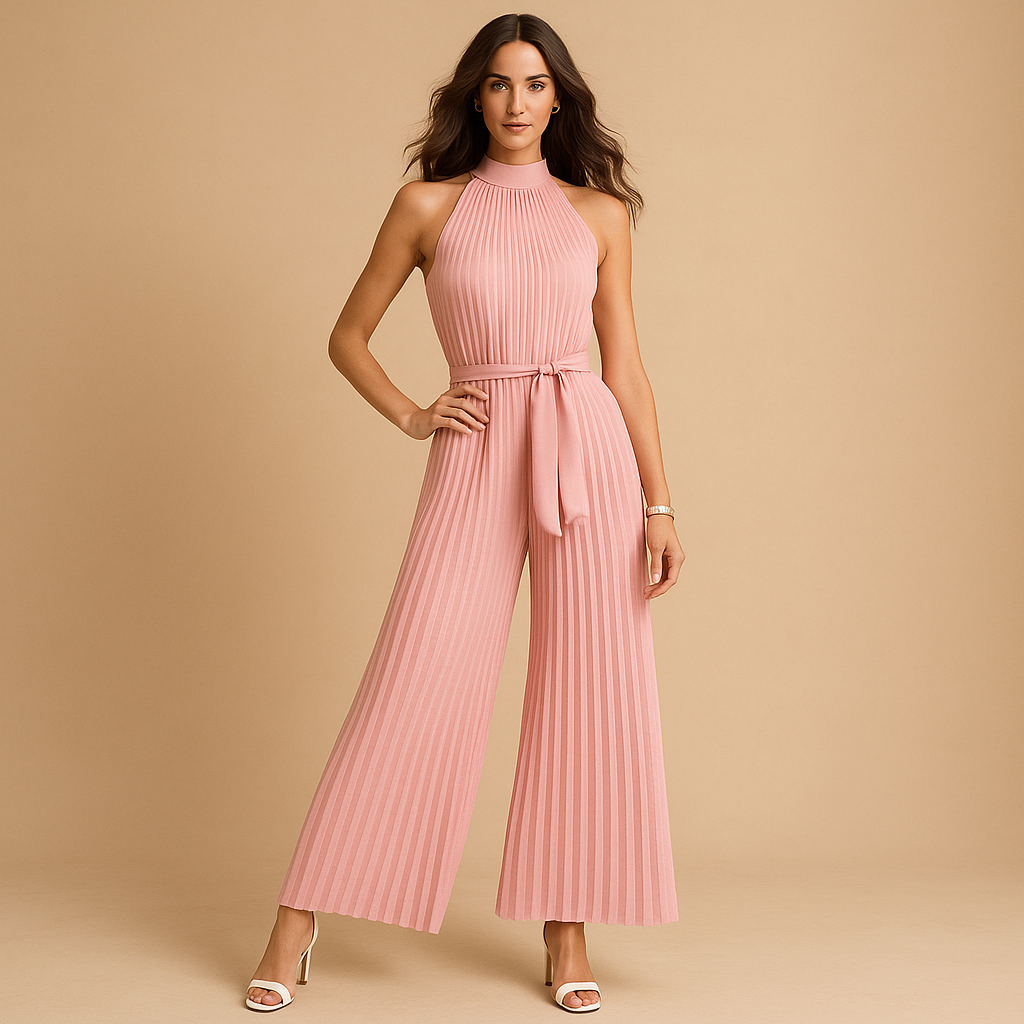 Women's Pleated High-Neck Wide-Leg Jumpsuit with Belt 2
