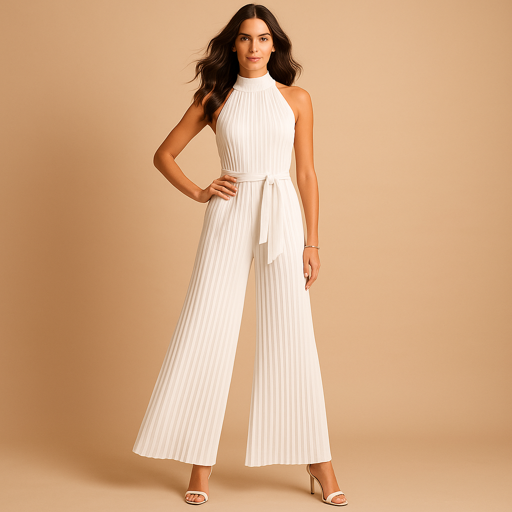 Women's Pleated High-Neck Wide-Leg Jumpsuit with Belt 3