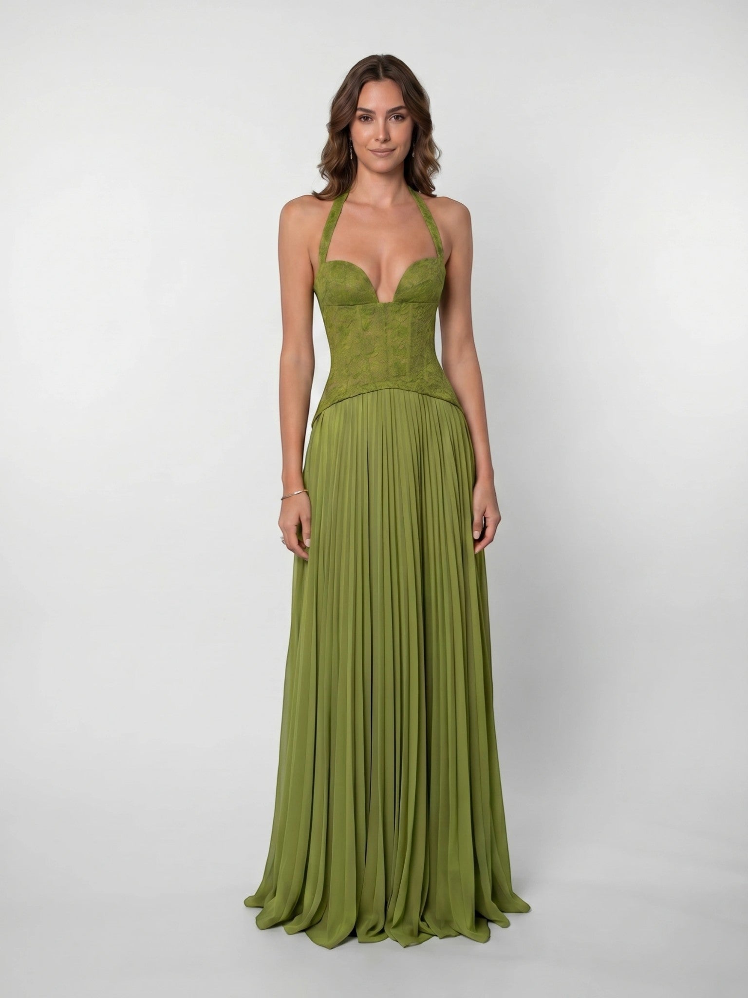 Women's Pleated Maxi Dress with Corset Bodice and Full Length Skirt 4