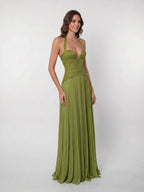 Women's Pleated Maxi Dress with Corset Bodice and Full Length Skirt 6