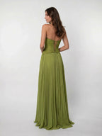 Women's Pleated Maxi Dress with Corset Bodice and Full Length Skirt 7