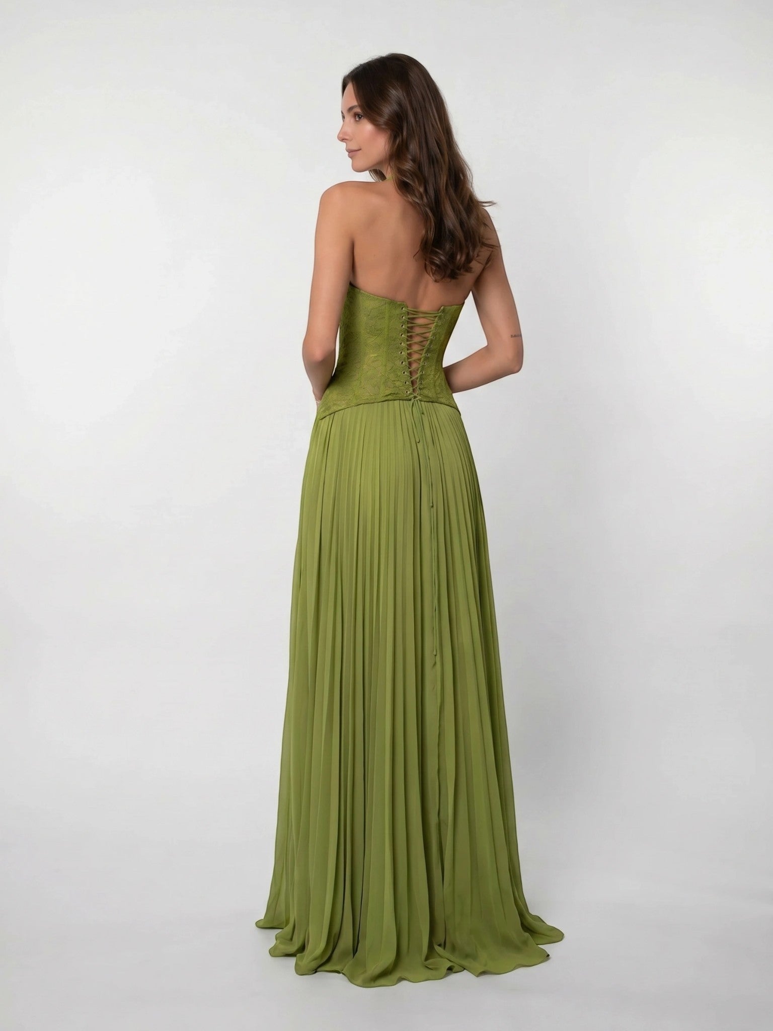 Women's Pleated Maxi Dress with Corset Bodice and Full Length Skirt 7