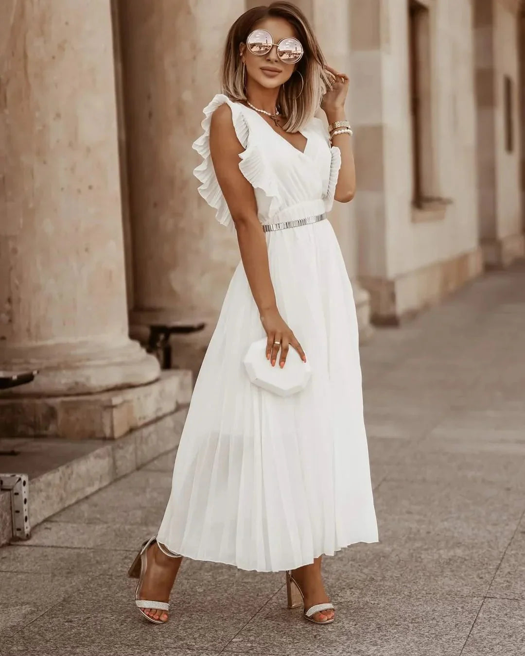 Women's Pleated Maxi Dress with Ruffle Sleeves 1