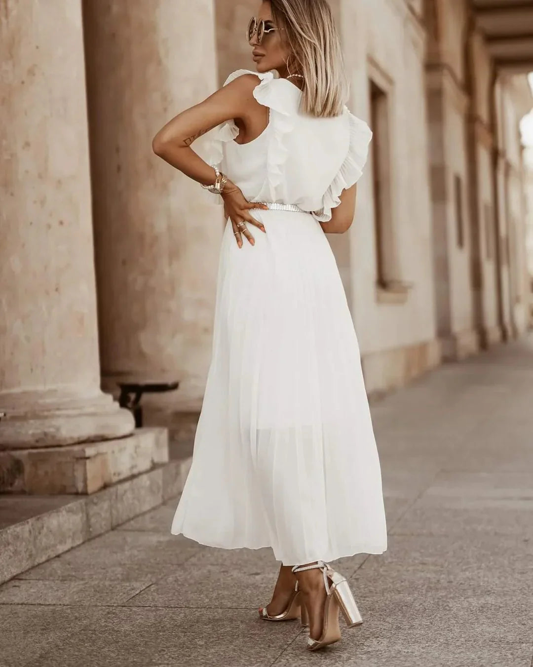 Women's Pleated Maxi Dress with Ruffle Sleeves 2