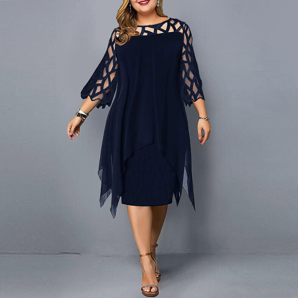 Women's Plus Size Midi Dress with Lace Sleeves and Round Neckline 1