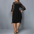 Women's Plus Size Midi Dress with Lace Sleeves and Round Neckline 10