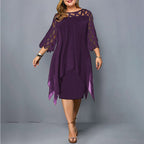Women's Plus Size Midi Dress with Lace Sleeves and Round Neckline 2