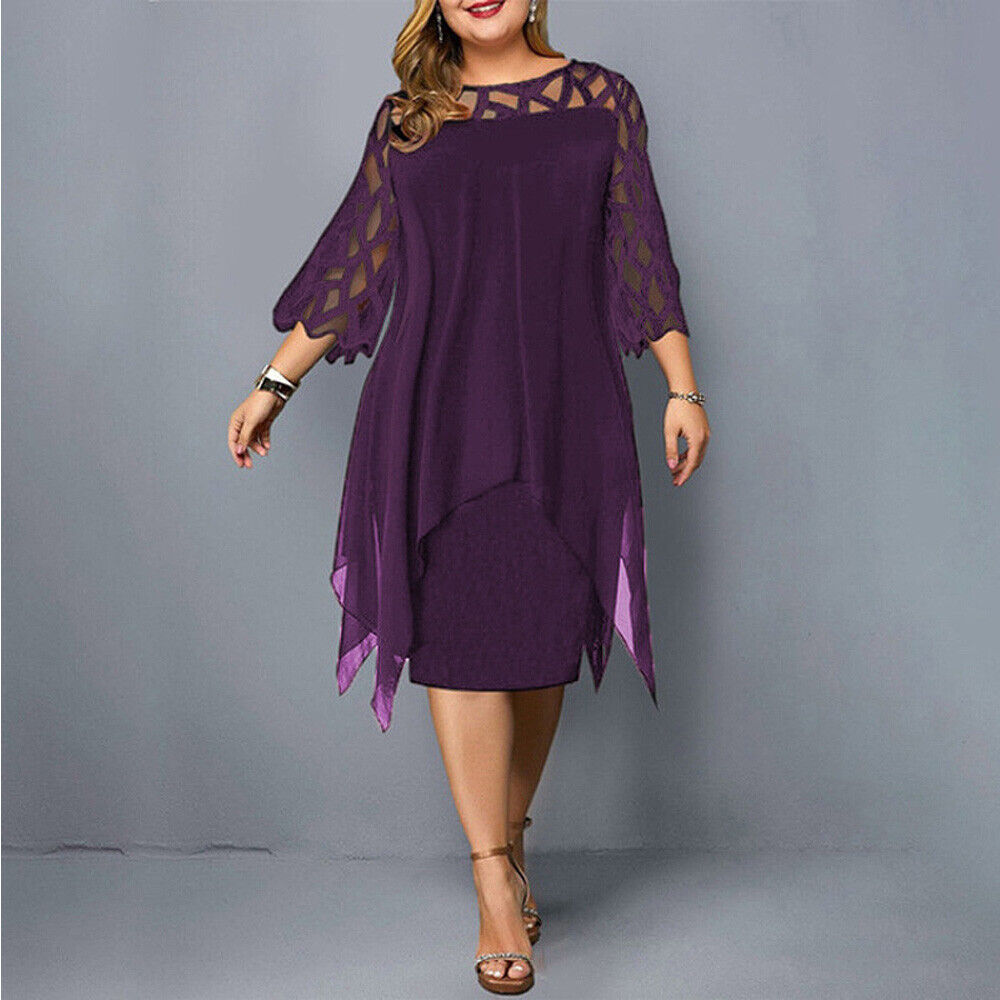 Women's Plus Size Midi Dress with Lace Sleeves and Round Neckline 2