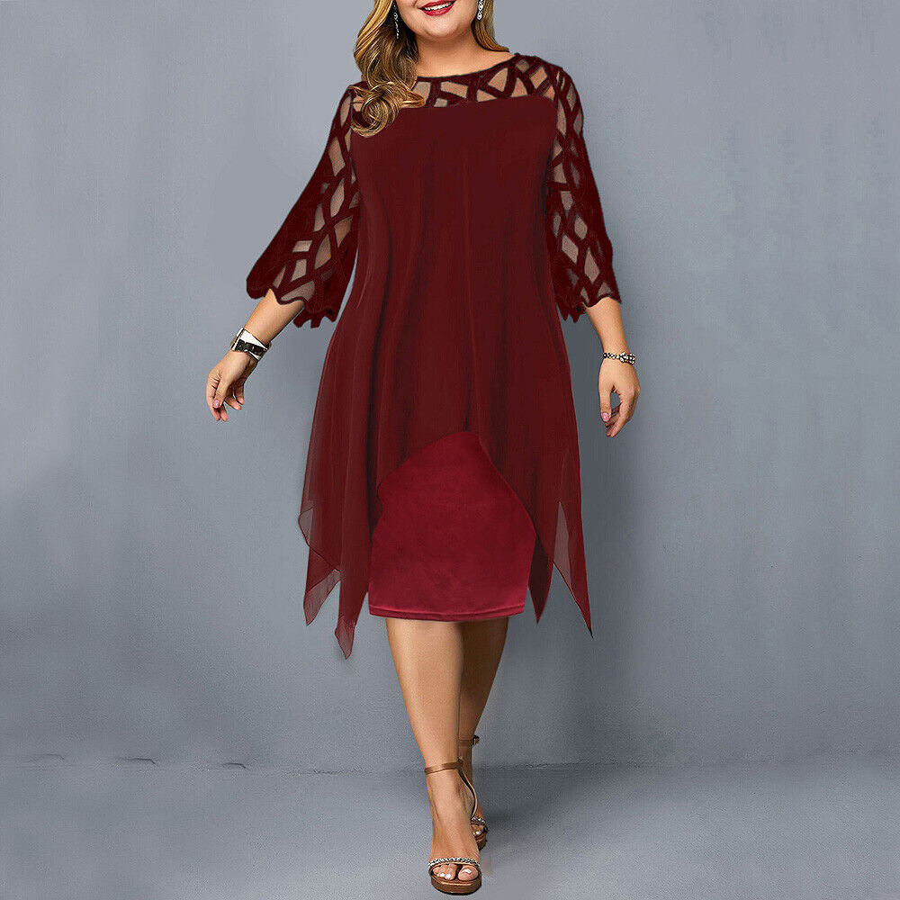 Women's Plus Size Midi Dress with Lace Sleeves and Round Neckline 3
