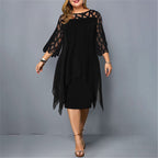 Women's Plus Size Midi Dress with Lace Sleeves and Round Neckline 4