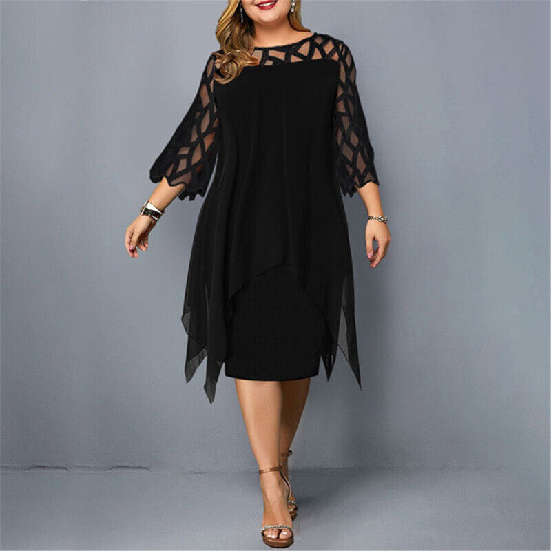 Women's Plus Size Midi Dress with Lace Sleeves and Round Neckline 4