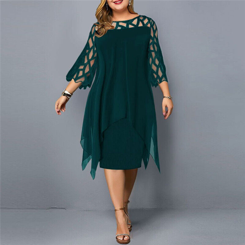 Women's Plus Size Midi Dress with Lace Sleeves and Round Neckline 5
