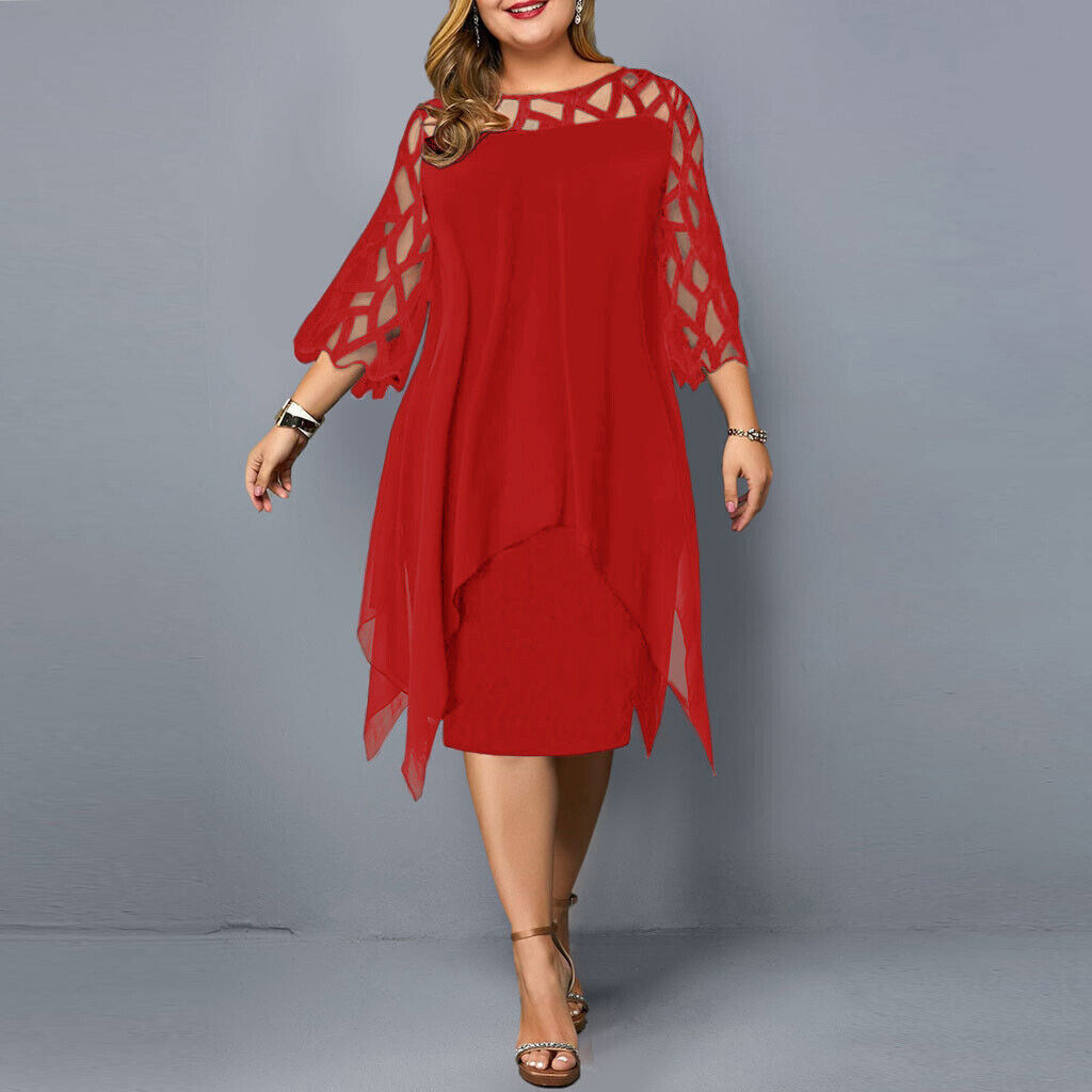 Women's Plus Size Midi Dress with Lace Sleeves and Round Neckline 6