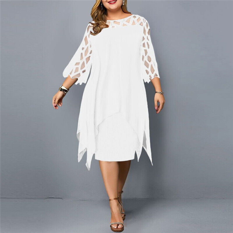 Women's Plus Size Midi Dress with Lace Sleeves and Round Neckline 7