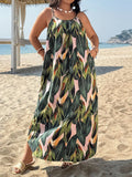 Women's Plus Size Sleeveless Maxi Dress with Spaghetti Straps and Tropical Print 1