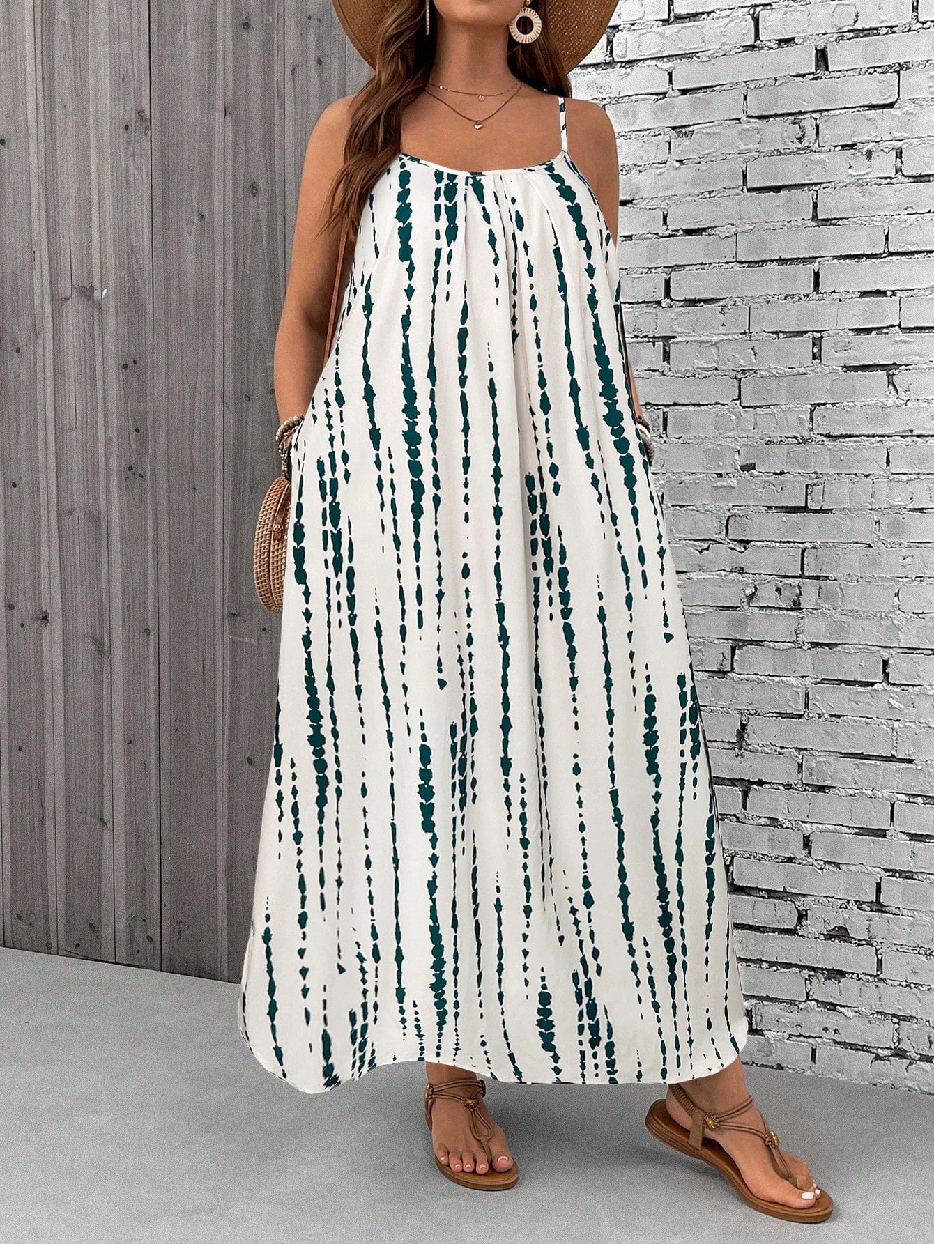 Women's Plus Size Sleeveless Maxi Dress with Spaghetti Straps and Tropical Print 8