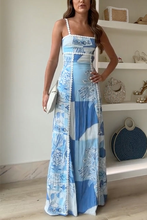 Women's Printed Maxi Dress with Bow Back and Ric Rac Straps 1