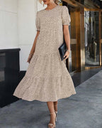 Women's Printed Midi Dress with Puff Sleeves and Ruffle Hem 1