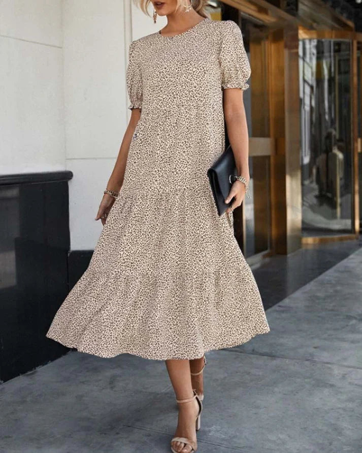 Women's Printed Midi Dress with Puff Sleeves and Ruffle Hem 1