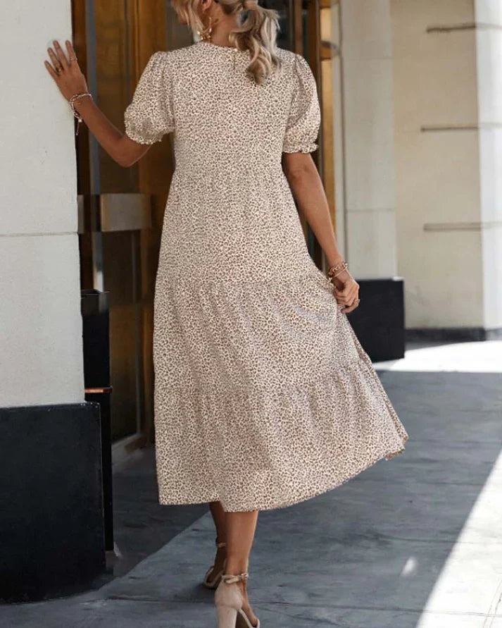 Women's Printed Midi Dress with Puff Sleeves and Ruffle Hem 2