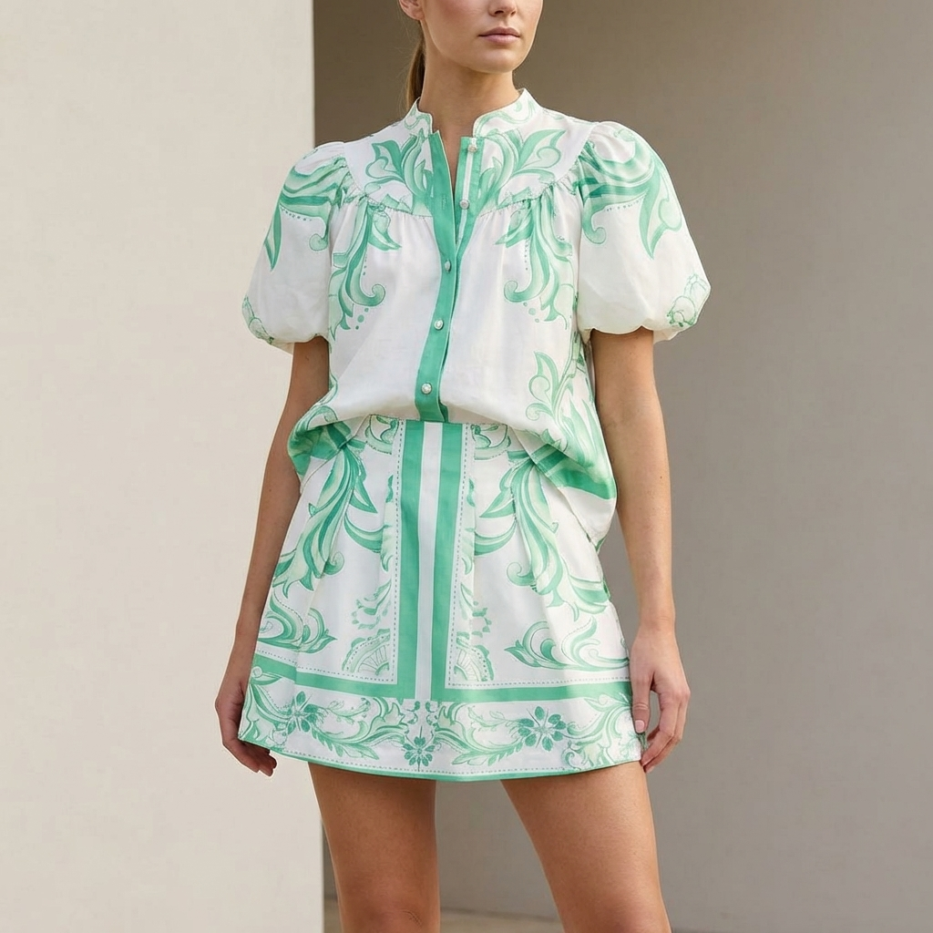 Women's Puff Sleeve Button-Front Top and A-Line Mini Skirt Matching Set with Band Collar 1