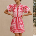 Women's Puff Sleeve Button-Front Top and A-Line Mini Skirt Matching Set with Band Collar 2