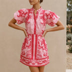 Women's Puff Sleeve Button-Front Top and A-Line Mini Skirt Matching Set with Band Collar 2