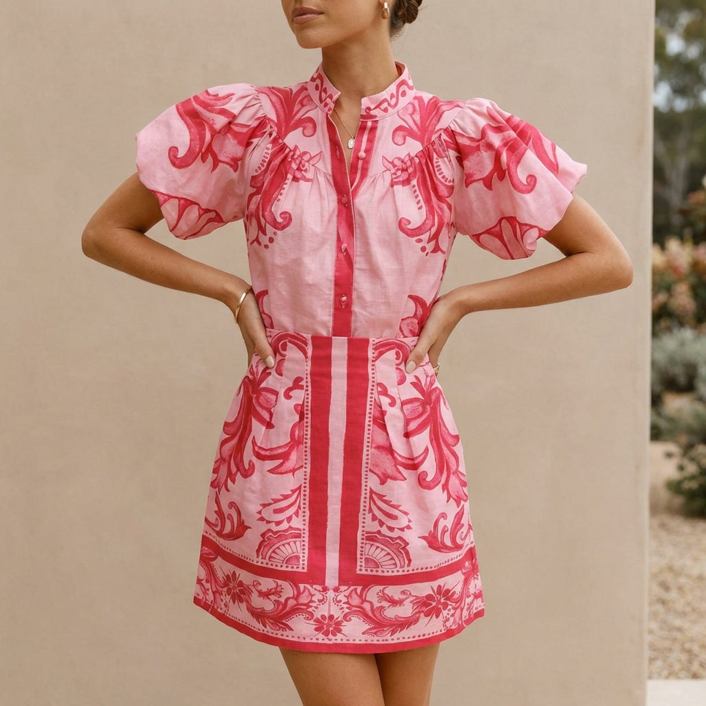 Women's Puff Sleeve Button-Front Top and A-Line Mini Skirt Matching Set with Band Collar 2