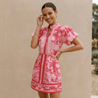 Women's Puff Sleeve Button-Front Top and A-Line Mini Skirt Matching Set with Band Collar 3