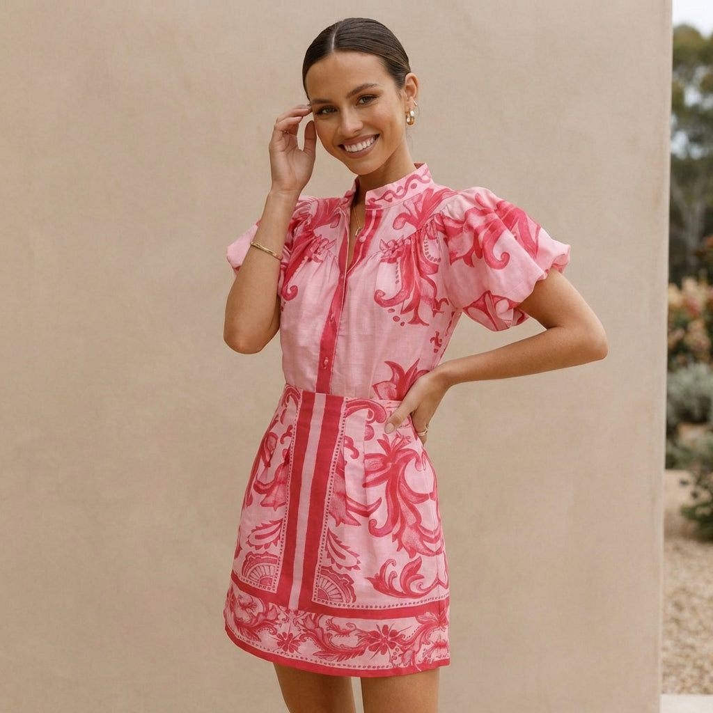 Women's Puff Sleeve Button-Front Top and A-Line Mini Skirt Matching Set with Band Collar 3