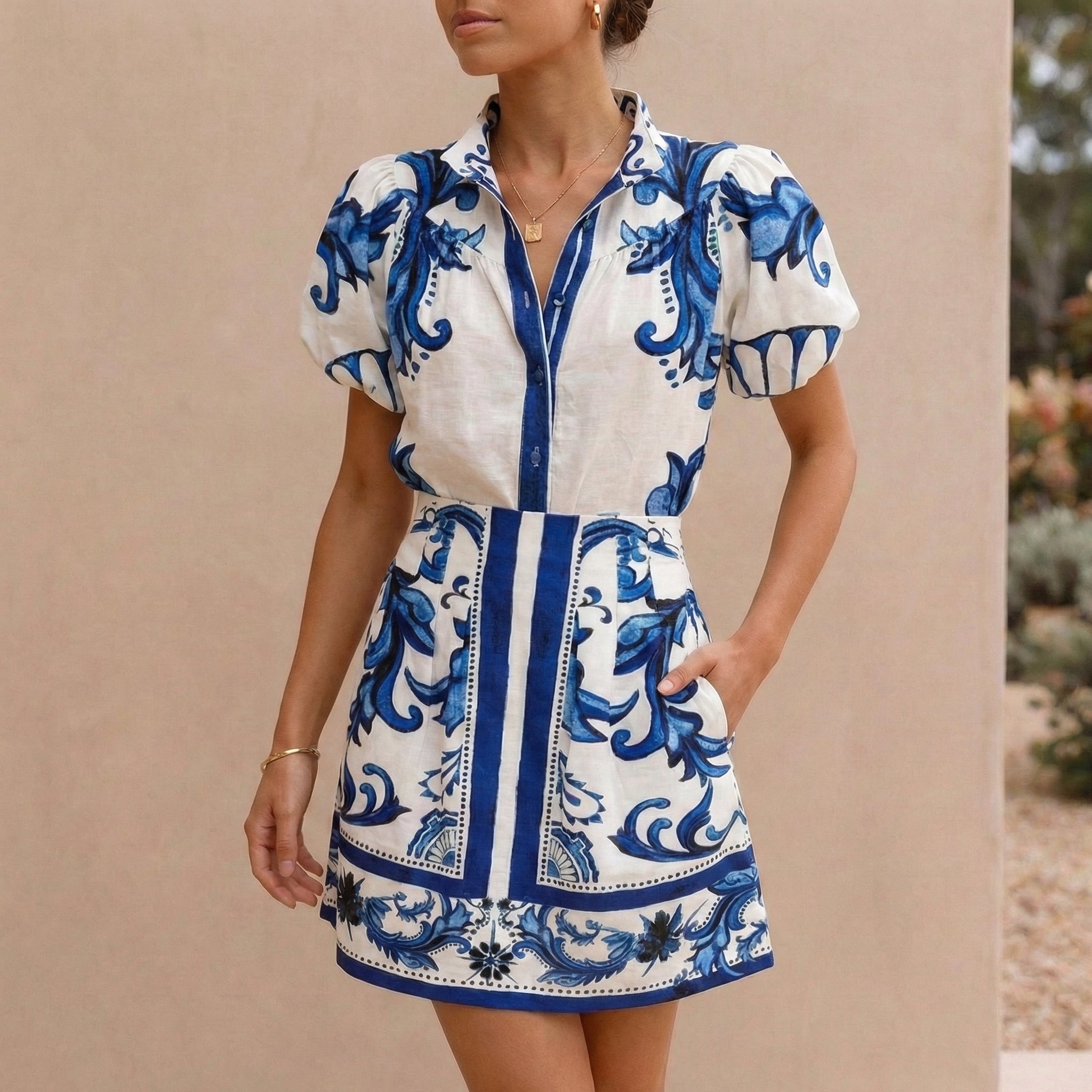 Women's Puff Sleeve Button-Front Top and A-Line Mini Skirt Matching Set with Band Collar 4