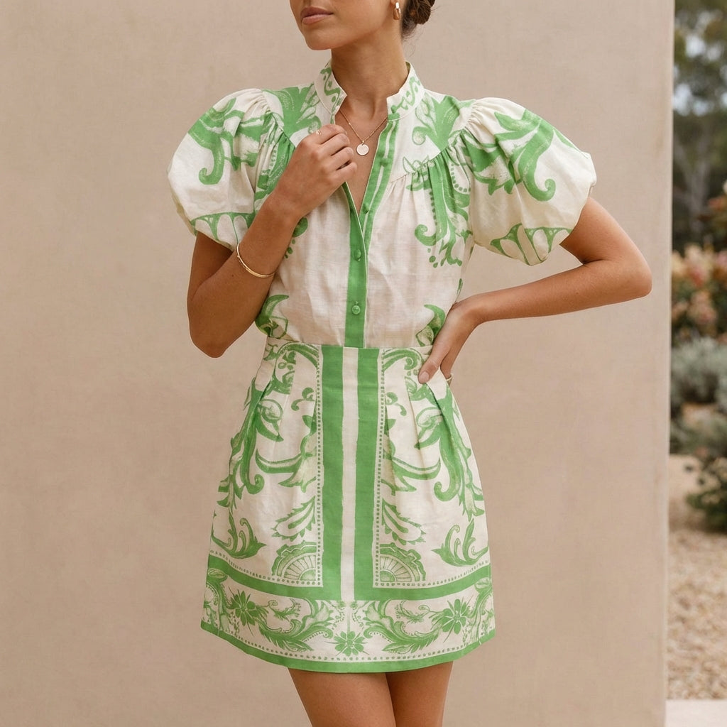 Women's Puff Sleeve Button-Front Top and A-Line Mini Skirt Matching Set with Band Collar 5