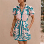 Women's Puff Sleeve Button-Front Top and A-Line Mini Skirt Matching Set with Band Collar 6