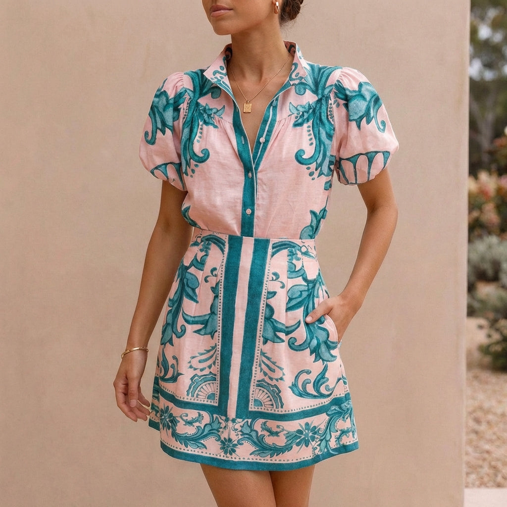Women's Puff Sleeve Button-Front Top and A-Line Mini Skirt Matching Set with Band Collar 6
