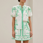 Women's Puff Sleeve Button-Front Top and A-Line Mini Skirt Matching Set with Band Collar 7