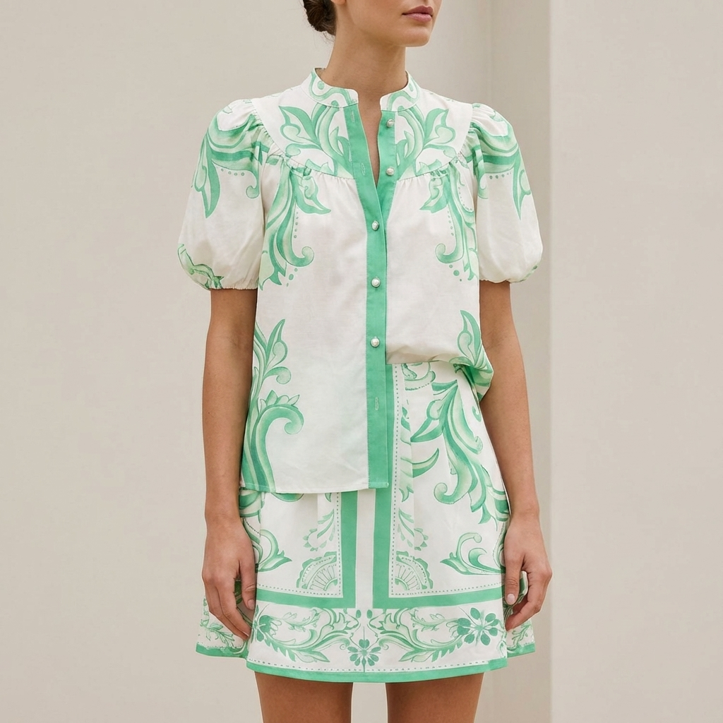 Women's Puff Sleeve Button-Front Top and A-Line Mini Skirt Matching Set with Band Collar 7