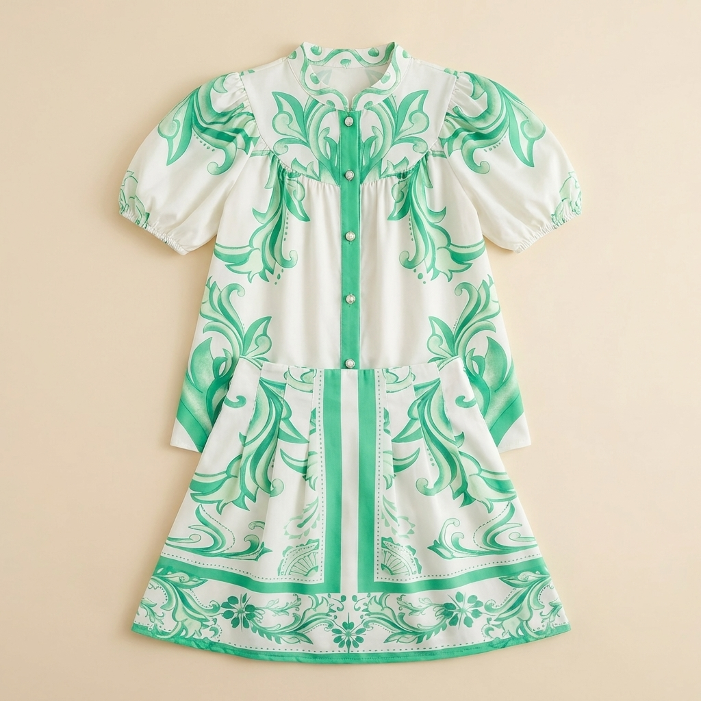 Women's Puff Sleeve Button-Front Top and A-Line Mini Skirt Matching Set with Band Collar 8