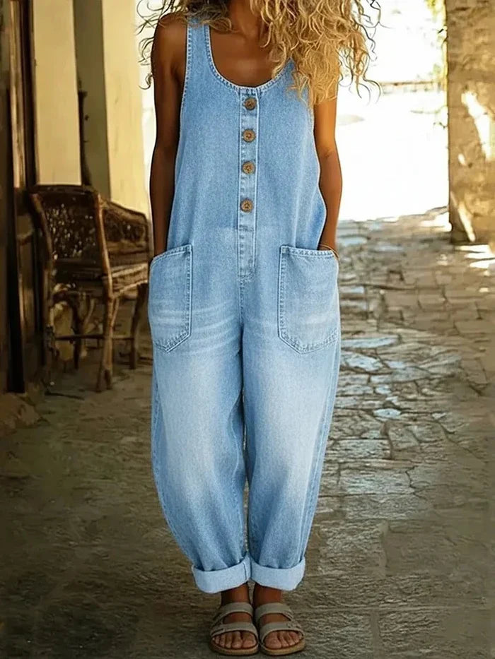 Women's Relaxed Fit Denim Jumpsuit with Adjustable Straps 1