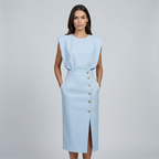 Women's Round Neck Midi Dress with Button Slit Detail 1