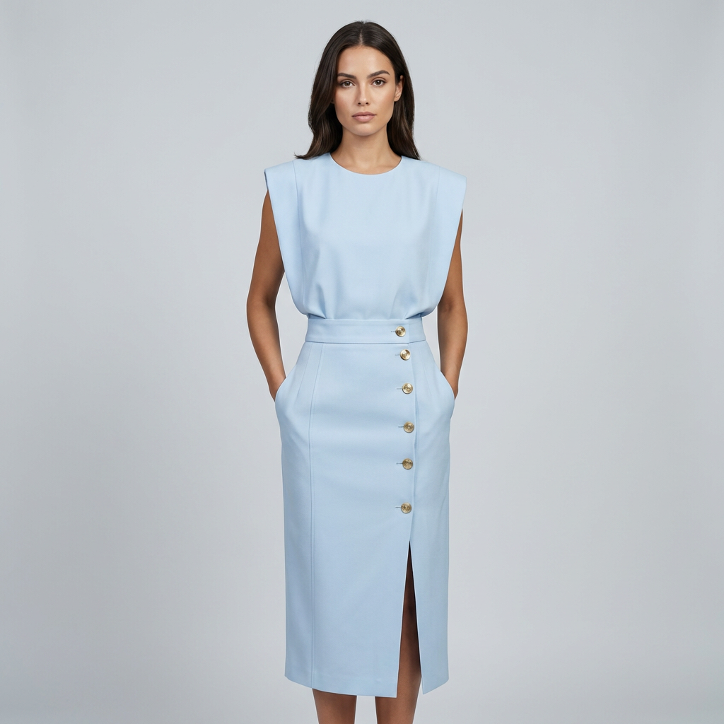 Women's Round Neck Midi Dress with Button Slit Detail 1