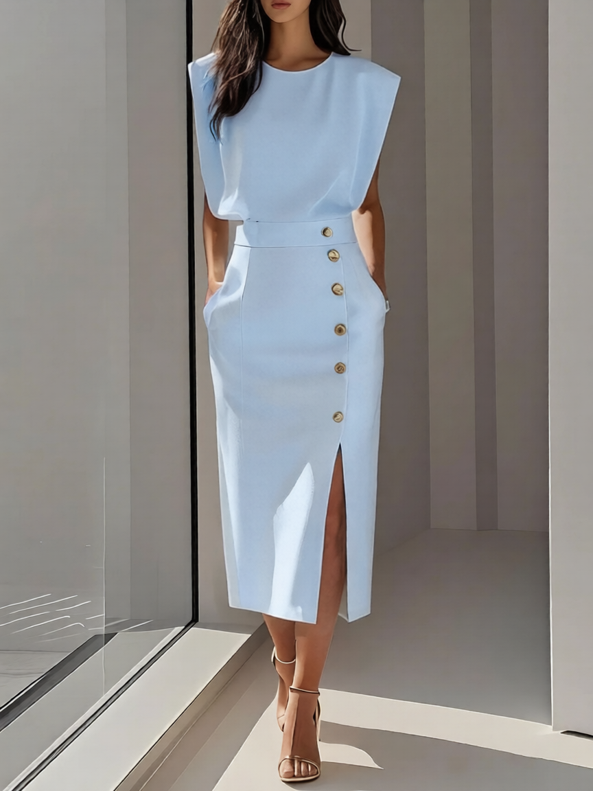 Women's Round Neck Midi Dress with Button Slit Detail 3