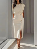 Women's Round Neck Midi Dress with Button Slit Detail 4