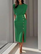 Women's Round Neck Midi Dress with Button Slit Detail 5