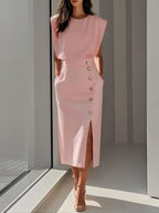 Women's Round Neck Midi Dress with Button Slit Detail 6