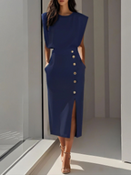 Women's Round Neck Midi Dress with Button Slit Detail 7