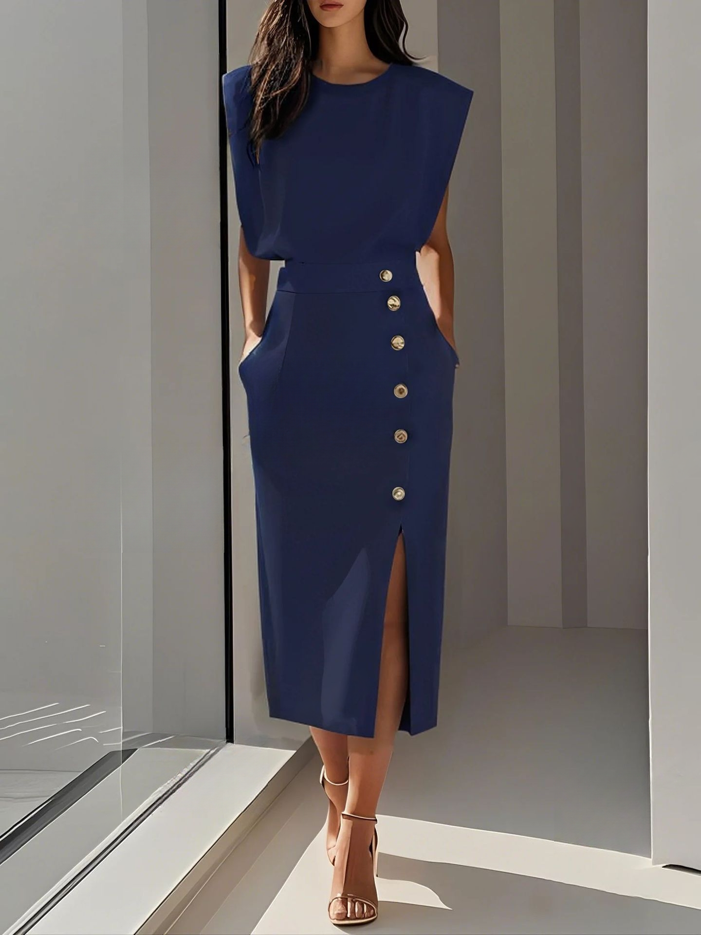 Women's Round Neck Midi Dress with Button Slit Detail 7