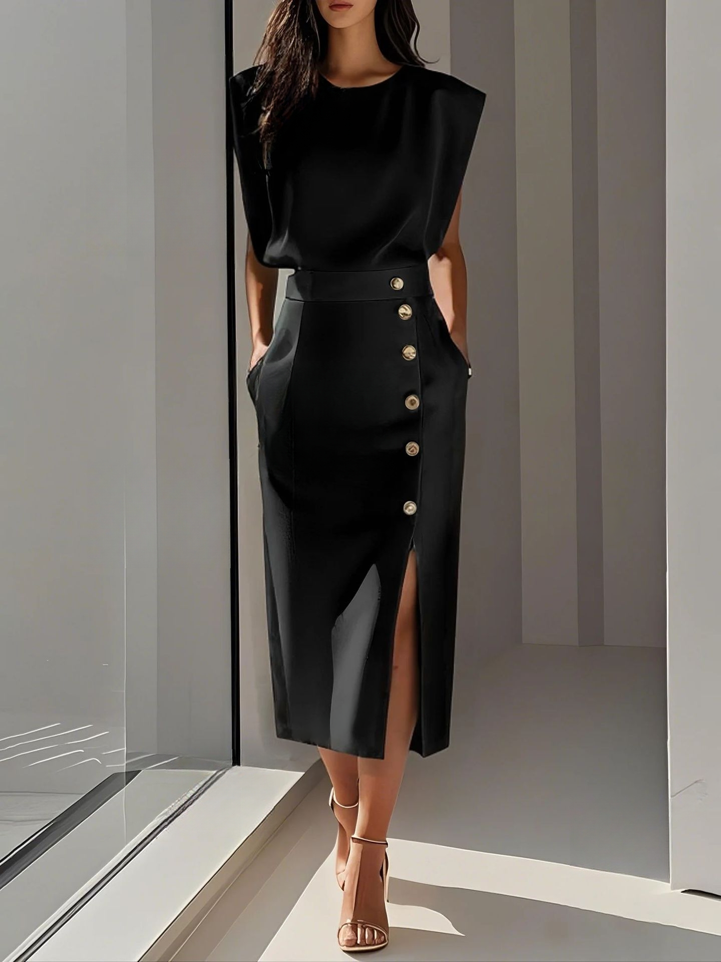 Women's Round Neck Midi Dress with Button Slit Detail 8